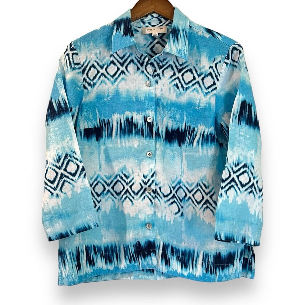 Jones New York 100% Linen Button Up Shirt M Blue Ikat 3/4 Sleeve Coastal Boho - Picture 1 of 7